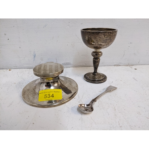 534 - Silver items to include a Walker & Hall George V capstan inkwell, Sheffield 1924, total weight 143.7... 