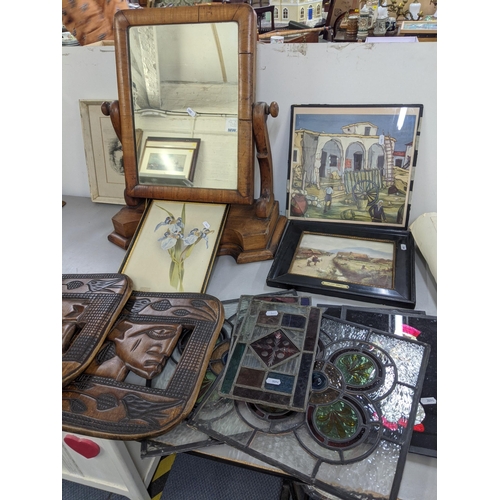 551 - A mixed lot to include a Victorian mahogany dressing table mirror, mixed framed and glazed prints, m... 