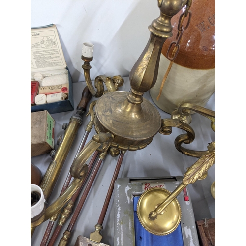 552 - A mixed lot to include a three branch brass chandelier together with a pair of wall hanging brass li... 