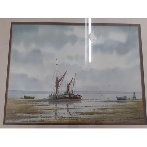 289 - A pair of signed Ashley decorative plates, an Alan Whitehead watercolour of moored boats, a late 19t... 