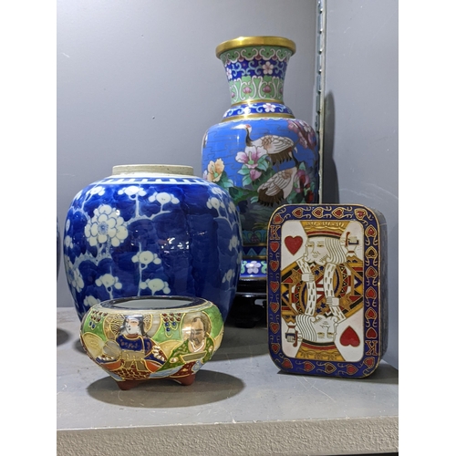 449 - Mixed Oriental items to include Chinese Prunus ginger jars, cloisonne vase, Japanese lidded pot and ... 