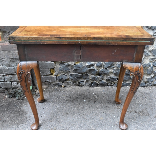 126 - A George II style figured walnut card table, 19th century, the bookmatched veneer top with herringbo... 