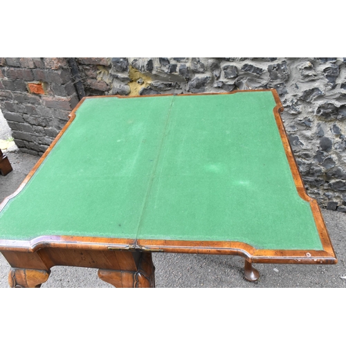 126 - A George II style figured walnut card table, 19th century, the bookmatched veneer top with herringbo... 