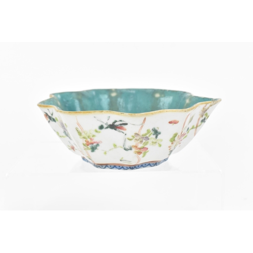 19 - A Chinese Famille Rose porcelain leaf bowl, 19th century, Tongzhi period 1862-1874, with turquoise e... 