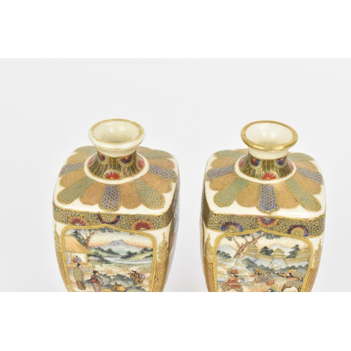 39 - A pair of Japanese miniature Satsuma porcelain footed vases, Meiji period, of square tapered form, t... 