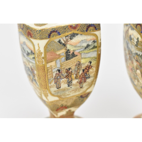 39 - A pair of Japanese miniature Satsuma porcelain footed vases, Meiji period, of square tapered form, t... 