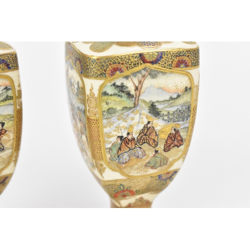 39 - A pair of Japanese miniature Satsuma porcelain footed vases, Meiji period, of square tapered form, t... 