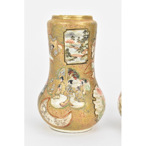 40 - A pair of Japanese miniature Satsuma porcelain vases, Meiji period, of baluster form with elongated ... 