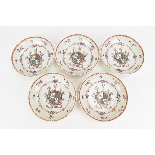 61 - Five Chinese export armorial porcelain saucers, Qing dynasty, 18th century, enamelled to the centre ... 