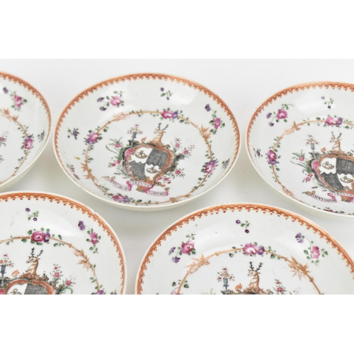 61 - Five Chinese export armorial porcelain saucers, Qing dynasty, 18th century, enamelled to the centre ... 