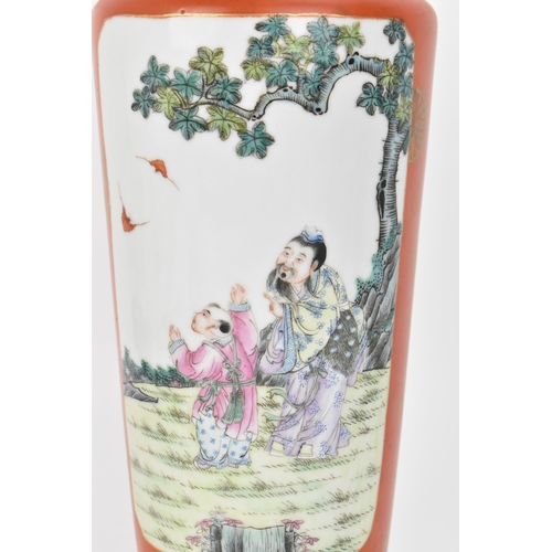 62 - A Chinese Famille Rose porcelain vase, 20th century, Republic period, of tapered form with central e... 