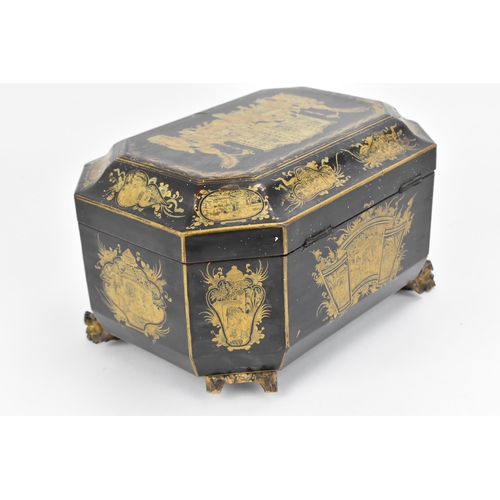 71 - A 19th century Chinese black lacquered tea caddy, of sarcophagus form, with gilt chinoiserie decorat... 