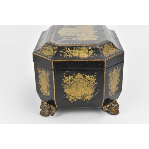 71 - A 19th century Chinese black lacquered tea caddy, of sarcophagus form, with gilt chinoiserie decorat... 