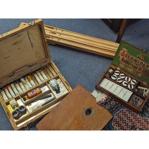 A Victorian Windsor & Newton mahogany cased artist box with contents, a  vintage artist easel and box
