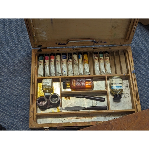 A Victorian Windsor & Newton mahogany cased artist box with contents, a  vintage artist easel and box