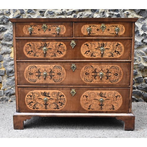 136 - A William and Mary style walnut, birds eye maple and seaweed marquetry chest of drawers, the moulded... 