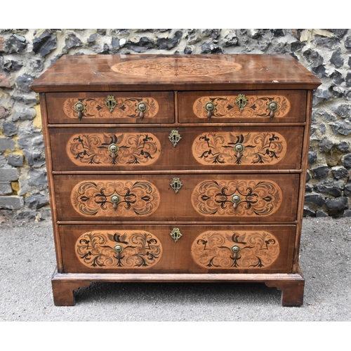 136 - A William and Mary style walnut, birds eye maple and seaweed marquetry chest of drawers, the moulded... 