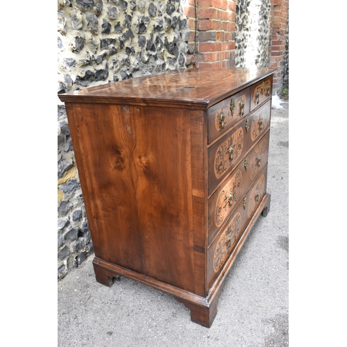 136 - A William and Mary style walnut, birds eye maple and seaweed marquetry chest of drawers, the moulded... 