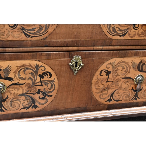 136 - A William and Mary style walnut, birds eye maple and seaweed marquetry chest of drawers, the moulded... 