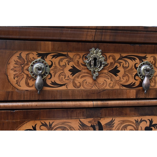 136 - A William and Mary style walnut, birds eye maple and seaweed marquetry chest of drawers, the moulded... 