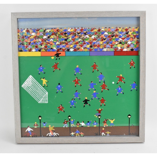 195 - Gordon Barker (contemporary Devon artist), acrylic on board, depicting a football match with crowd c... 