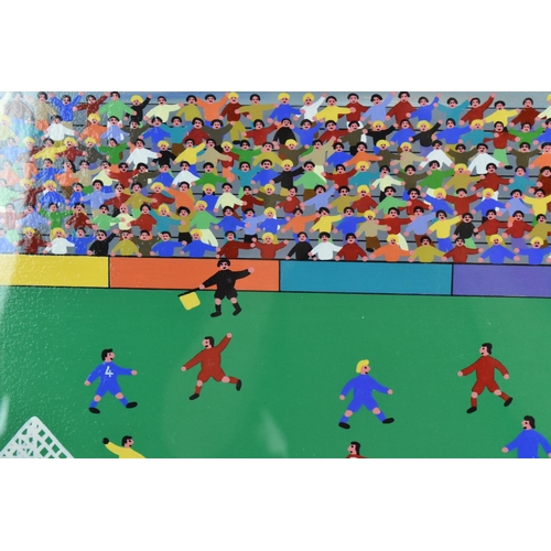 195 - Gordon Barker (contemporary Devon artist), acrylic on board, depicting a football match with crowd c... 