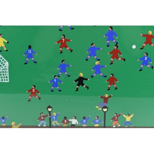 195 - Gordon Barker (contemporary Devon artist), acrylic on board, depicting a football match with crowd c... 