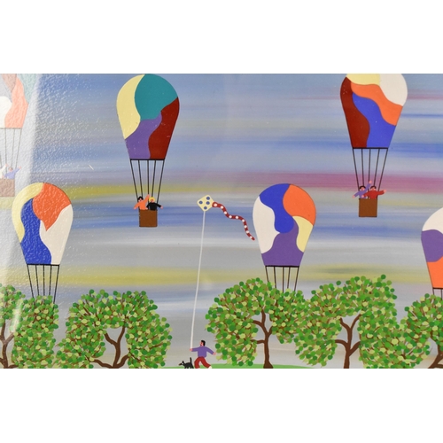 196 - Gordon Barker (contemporary Devon artist), acrylic on board, depicting hot air balloons above a park... 