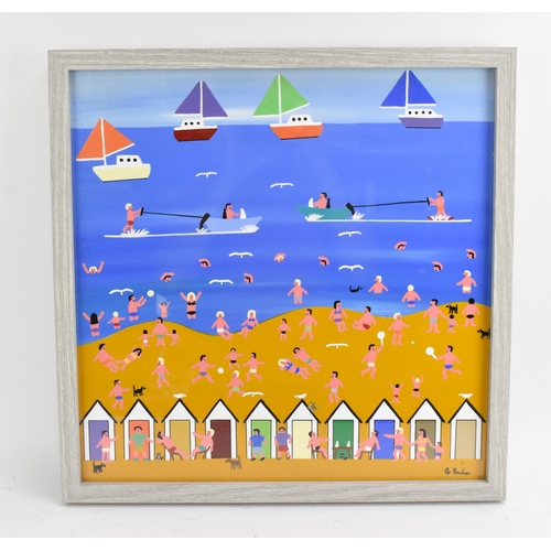 197 - Gordon Barker (contemporary Devon artist), acrylic on board, depicting a fun seaside scene with peop... 