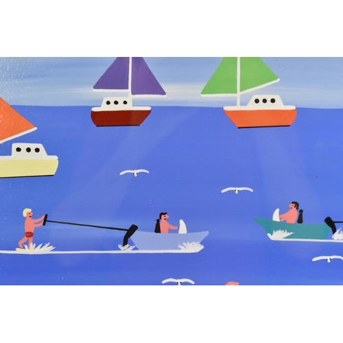 197 - Gordon Barker (contemporary Devon artist), acrylic on board, depicting a fun seaside scene with peop... 