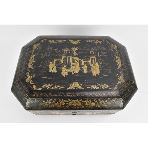 55 - A Chinese black lacquer workbox / sewing box, 19th century, of octagonal form, the lid with central ... 