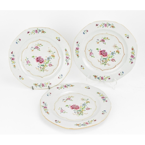 66 - Three Chinese Famille Rose porcelain plates, 18th century, Qianlong period, decorated with enamelled... 