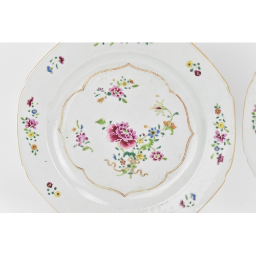 66 - Three Chinese Famille Rose porcelain plates, 18th century, Qianlong period, decorated with enamelled... 