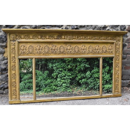 147 - A Regency style giltwood overmantle mirror, late 19th century, the tripartite plate framed with moul... 