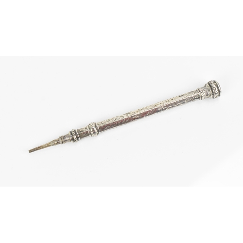 76 - A Victorian white metal retractable pencil, of tapered faceted form will pull up ring, the finial se... 