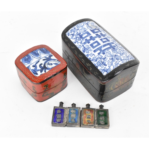 100 - Two Oriental lacquer boxes, each mounted with Chinese blue and white porcelain pieces to the lids, t... 