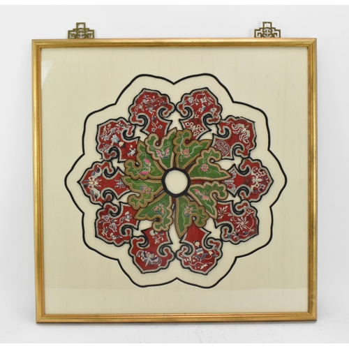 89 - A Chinese Qing dynasty embroidered silk 'Ruyi' collar, late 19th century, within a glazed giltwood f... 