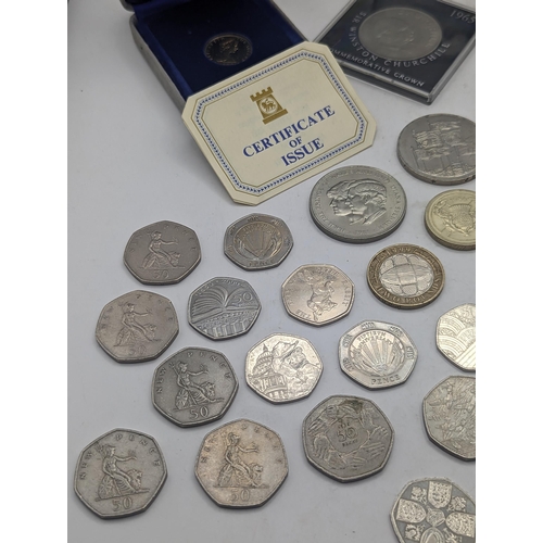 15 - A collection of mixed British coins to include three 2022 Charles III 50ps, mixed 50p to include Pri... 