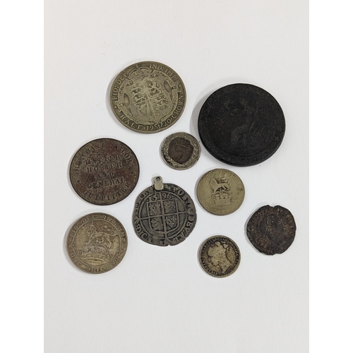 2 - A mixed group of coinage to include a Queen Elizabeth I sixth issue sixpence A/F converted to a pend... 