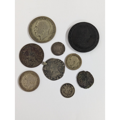 2 - A mixed group of coinage to include a Queen Elizabeth I sixth issue sixpence A/F converted to a pend... 