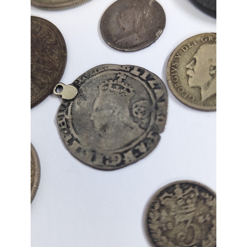 2 - A mixed group of coinage to include a Queen Elizabeth I sixth issue sixpence A/F converted to a pend... 