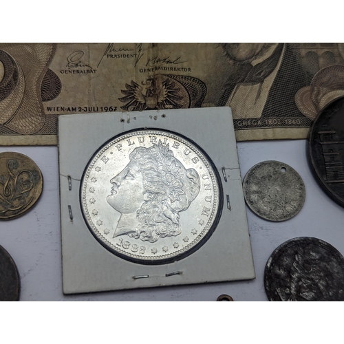 37 - A mixed coins and banknotes to include a USA 1882 'Morgan Dollar' George IV 1822 Silver Maundy one P... 