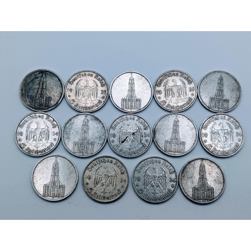 60 - Germany (1933 -1945) a group of 14, 5 Reichsmark, 1935. ' Postdam Garrison Church' One year annivers... 