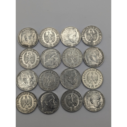 61 - Germany (1933 -1945) A group of 16, 5 Reichsmark 1935, silver circulation coins depicting Paul Van H... 