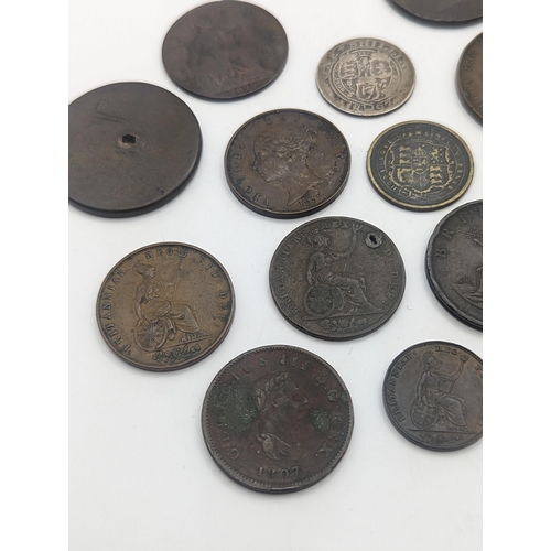 8 - A collection of British Georgian and Victorian coinage to include George II halfpenny, George III ca... 