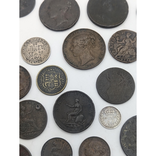 8 - A collection of British Georgian and Victorian coinage to include George II halfpenny, George III ca... 