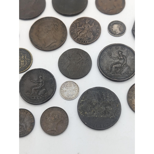 8 - A collection of British Georgian and Victorian coinage to include George II halfpenny, George III ca... 