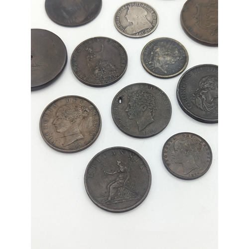 8 - A collection of British Georgian and Victorian coinage to include George II halfpenny, George III ca... 