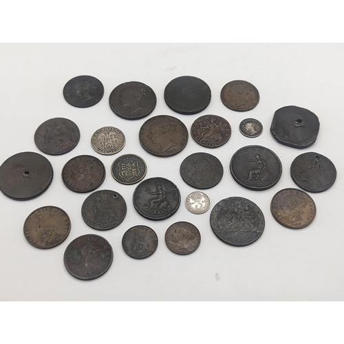 8 - A collection of British Georgian and Victorian coinage to include George II halfpenny, George III ca... 