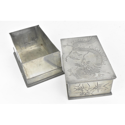 110 - A Chinese Shang Hing Swatow Pewter tea caddy and box, early 20th century, the box with engraved drag... 